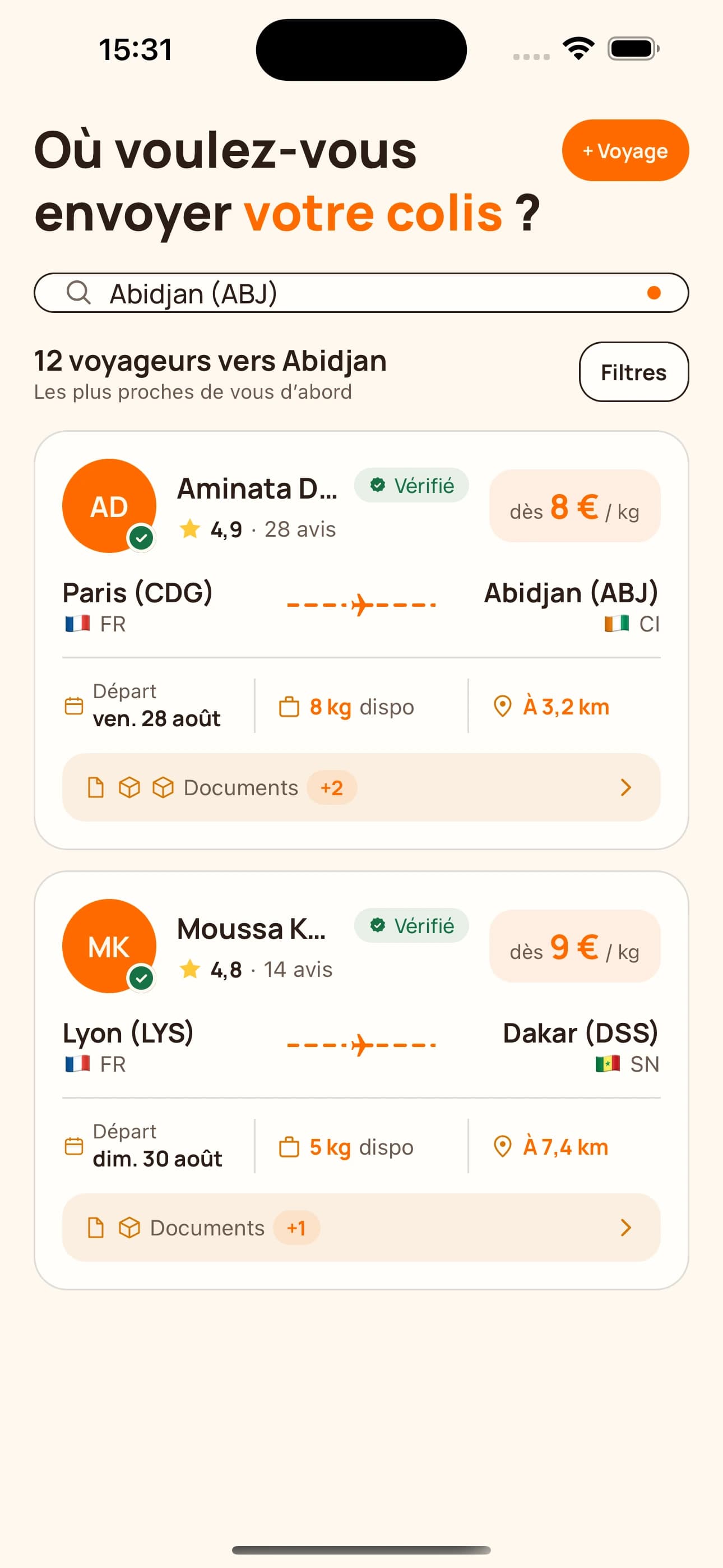 L’application Zoumani : la recherche d’un voyageur vers Abidjan.
