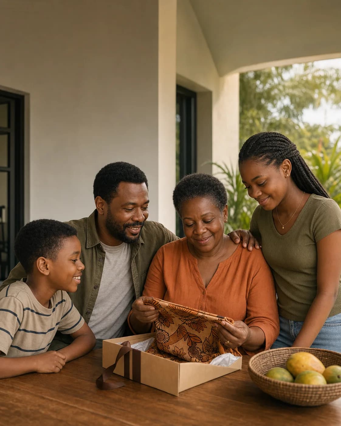 Une famille camerounaise de plusieurs générations découvre ensemble le contenu d’un colis reçu d’un proche.