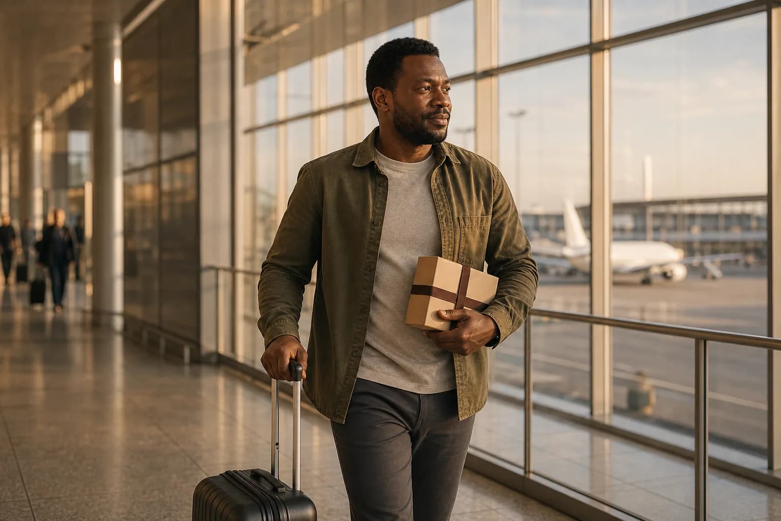 Le voyageur avance dans le terminal avec le colis et son bagage.